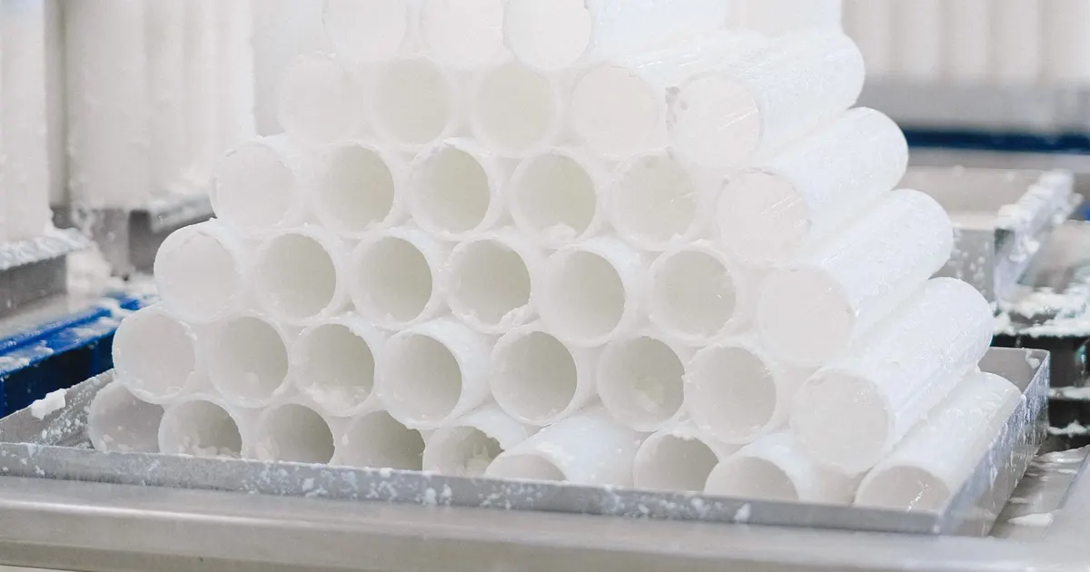 Stack of white plastic tubes cut to length on a rack, the kind of stock form behind acetal rod sizes and tube ranges