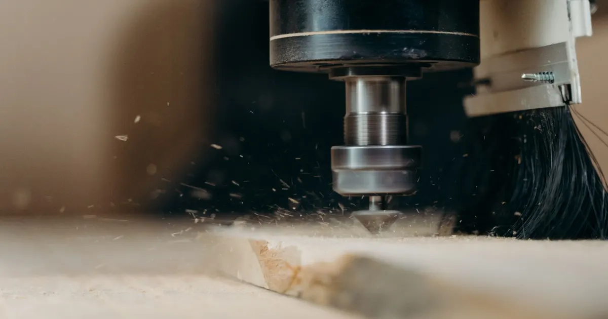 CNC router spindle cutting a flat panel with chips flying, one way of cutting Delrin sheet into blanks
