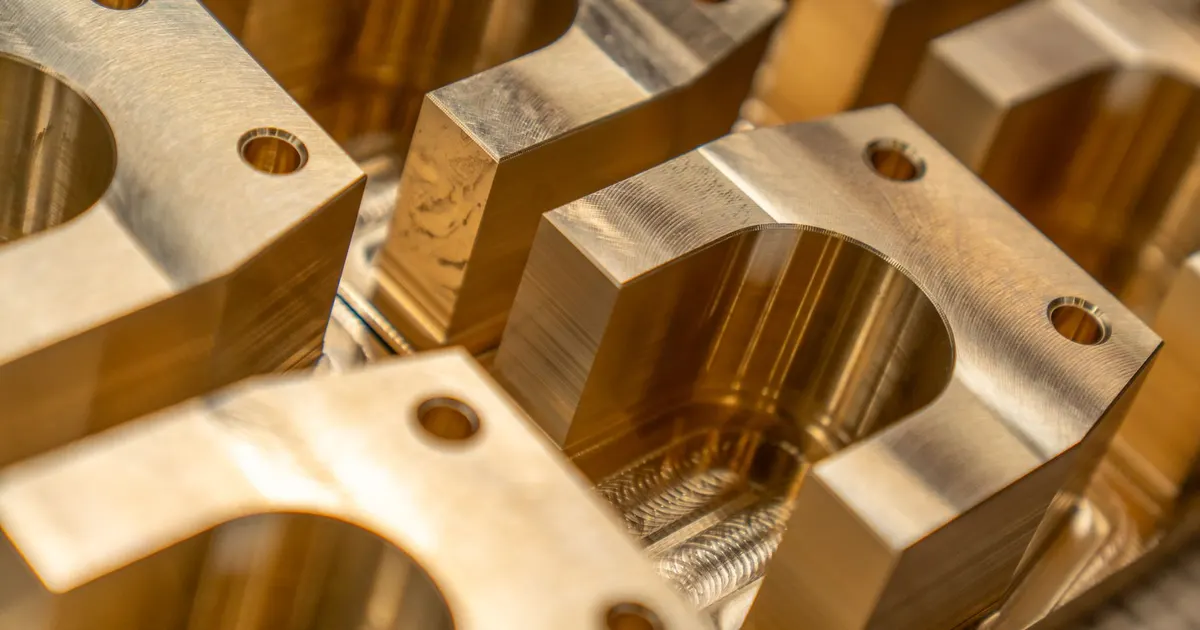 Machined blocks with drilled holes and cut edges, the sharp edges that deburring Delrin parts has to break